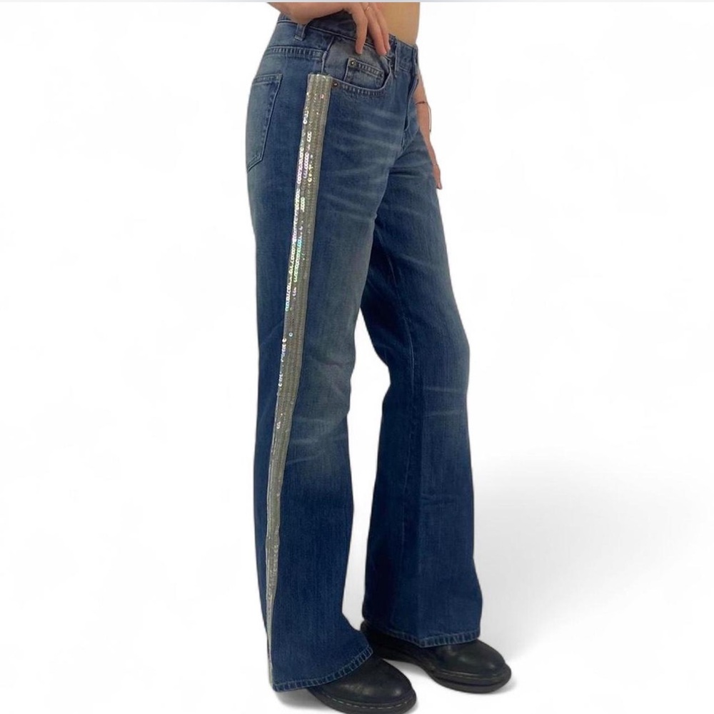 Free people Blue sequin flare jeans with silver Vintage londonjeans